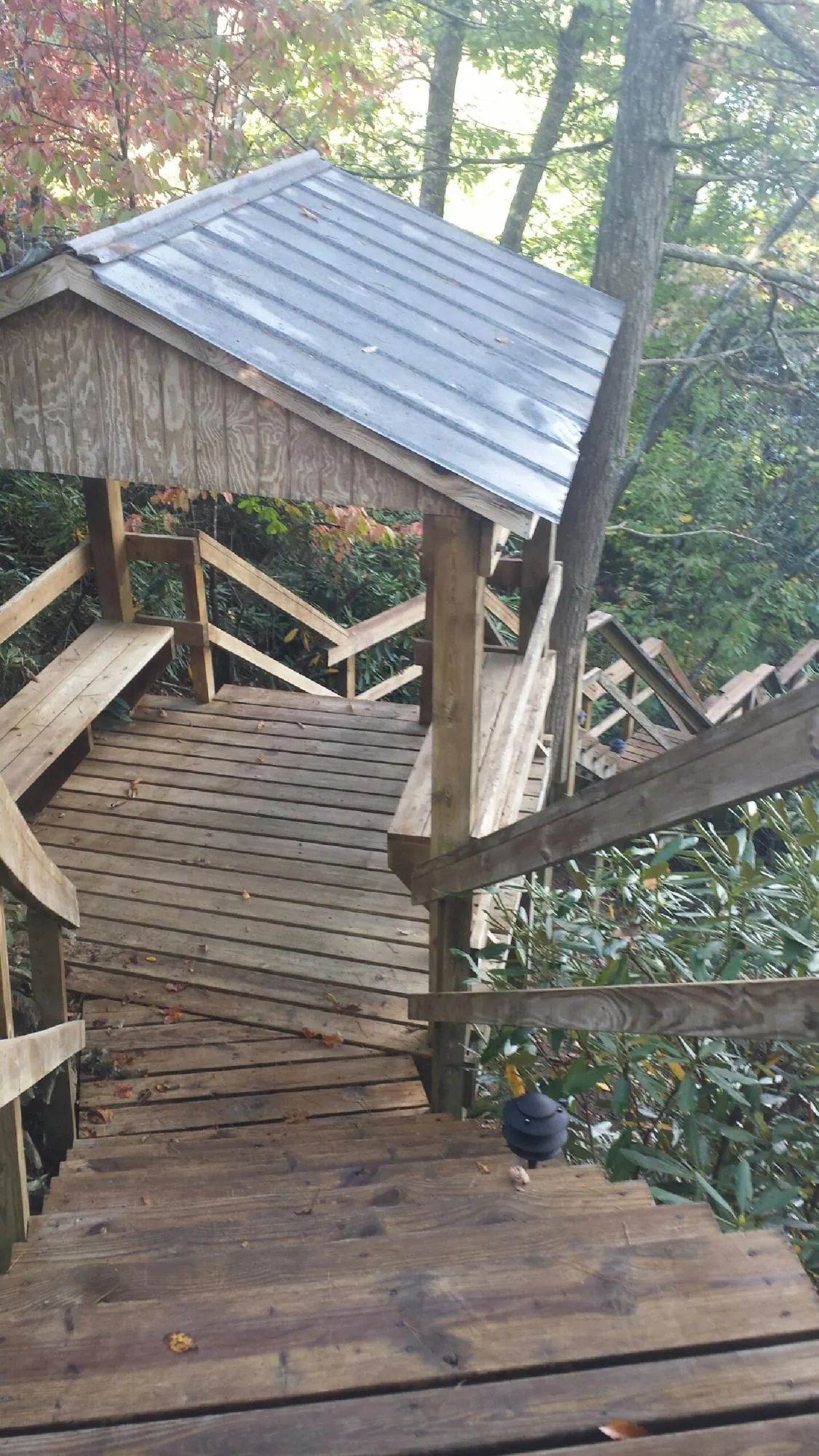 Metal roofed shelter over wooden steps on a wooded walkway — Skylight Repair & Installation work by our crew in Moravia